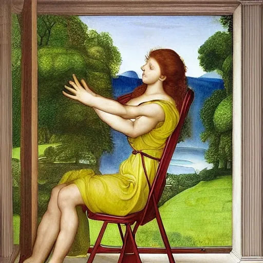 Prompt: beautiful by evelyn de morgan, by raphael, by david wiesner electric yellow. a land art of a metal chair with a seatbelt attached to it. the chair is placed in the center of a room & the seatbelt is used to strap a person into the chair. the person is then unable to move & at the mercy of the chair.