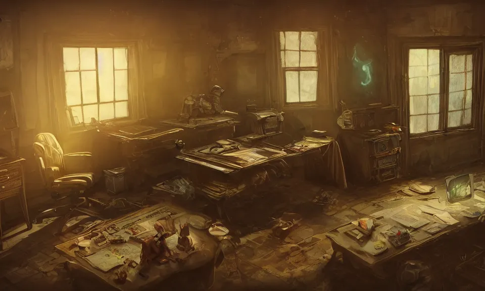 Image similar to artstation scifi scene of a shabby american room in 1 9 7 0 s, shabby room, old tv, a fat man plays dungeons and dragons with ghost, unreal engine 5, hyper realism, realistic shading, cinematic composition, blender render, octane render, hdr, detailed textures, photorealistic, wide shot