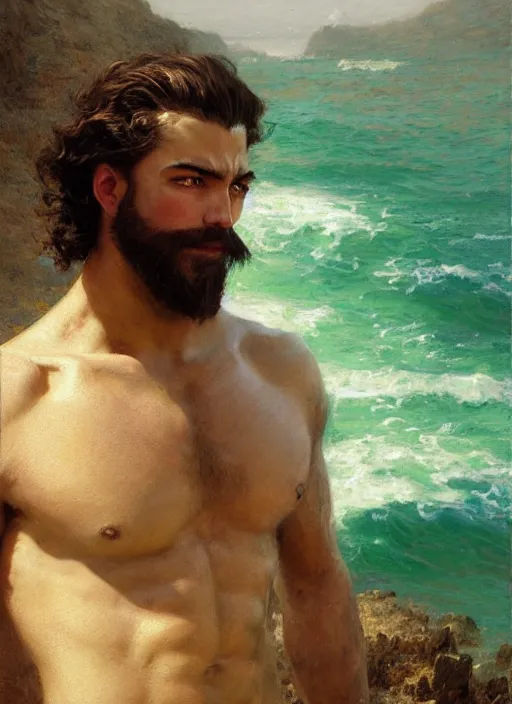 Image similar to detailed cinematic wide shot of muscular attractive young aztec man beard slim face symmetrical face tanskin green eyes white hair wearing sea clothes, ultra realistic, spring light, painting by gaston bussiere, craig mullins, j. c. leyendecker