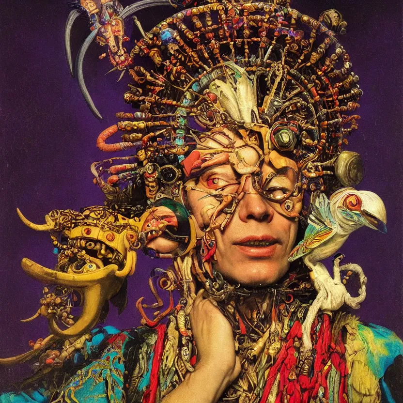 Prompt: a baroque close - up portrait of a whimsical alien shaman wearing a colorful futuristic aztec headset, holding a bird. black background. highly detailed science fiction fantasy painting by norman rockwell, moebius, frank frazetta, syd mead, and sandro botticelli. high contrast. renaissance masterpiece. artstation