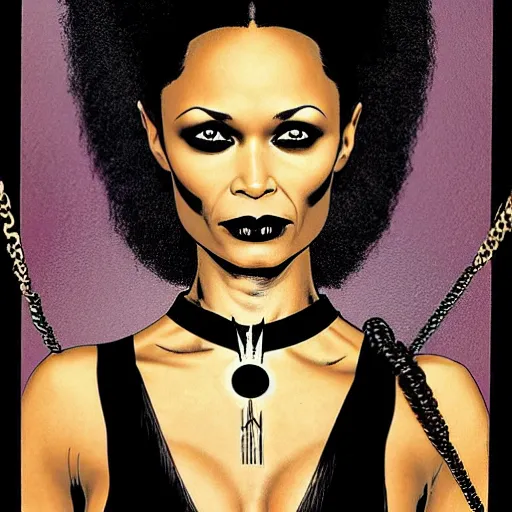 Prompt: thandiwe newton as the comic book character, death, a young and beautiful pale goth girl wearing a black vest and black punk hair, an ankh medallion hangs around her neck. dramatic makeup, the actress thandiwe newton, comic art portrait by joshua middleton and coles phillips, kandinsky,