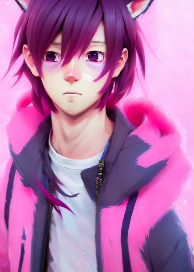 Prompt: portrait of a cute anime boy with pink hair and pink wolf ears and pink wolf tail wearing stylish clothes in a city | | highly detailed digital art painting by ruan jia, cory loftis, jeremy mann. artstation, pinterest, volumetric lighting, subsurface scattering, photorealistic, octane render, random artists