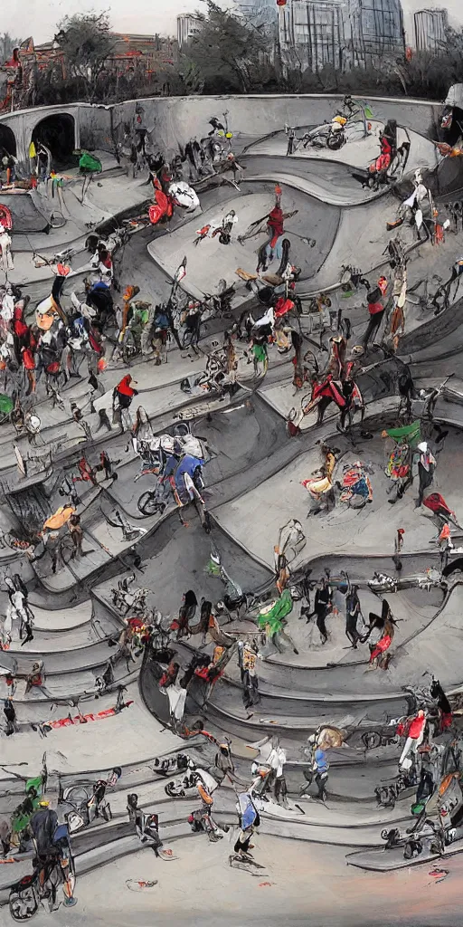 Image similar to oil painting scene skatepark with skaters and ramp by kim jung gi