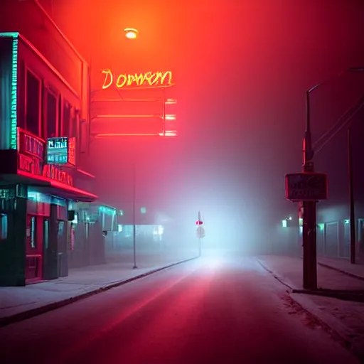 Prompt: A stunningly beautiful award-winning down angle 8K high angle cinematic movie photograph of a dark foggy main intersection in an abandoned 1950s small town at night, by David Fincher and Darius Khonji, cinematic lighting, perfect composition, moody low key volumetric light. Color palette from Seven, greens yellows and reds. 2 point perspective, high angle from 15 feet off the ground. Octane render