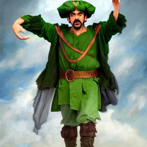 Image similar to hyper realistic, realistic - anime, portrait, beautifully rendered, ancient garb, luis guzman as luigi wearing green, smirking deviously, luigi, luigi's nose, painted by jan van eyck, albrecht durer, gustave courbet, greg rutkowski, wlop, artgerm, dishonored 2,