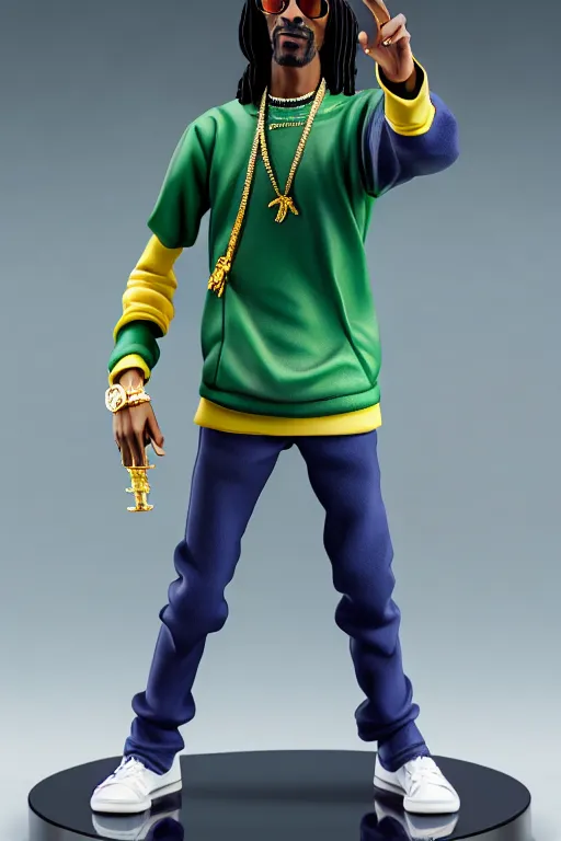 Image similar to still high quality figurine of snoop dogg with attachable weed, tsurime eyes, tareme eyes, personification, dynamic pose, detailed product photo, featured on amiami, tone mapped, beautiful composition, 8 5 mm, f. 1 4