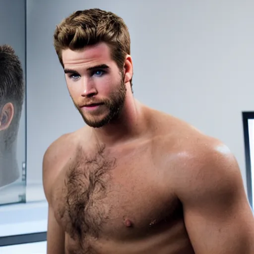 Image similar to a realistic detailed photo of a guy who is an attractive humanoid who is half robot and half humanoid, who is a male android, actor liam hemsworth, shiny skin, posing like a statue, blank stare, in a lab, on display, showing off his muscles