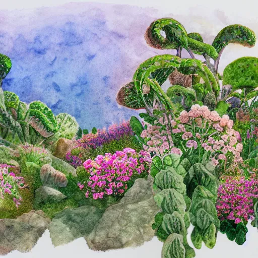 Prompt: delicate coastline mountain garden on paper, stony, puffy, botanical herbarium, botanic watercolors, iridescent, 8 k wide angle, realistic shaded, fine details, artstation, italian, rainbow, colonnade, oak tree, pomegranade, vines, gardena architecture, pompeian, sicilian