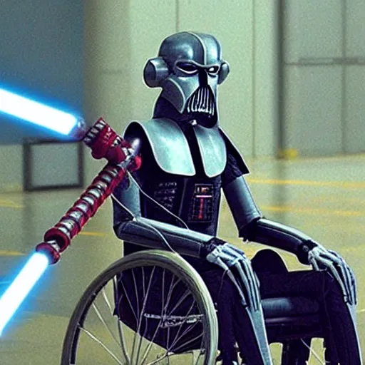 Image similar to General Grievous in a wheelchair with 4 lightsabers, photo from star wars the prequel,