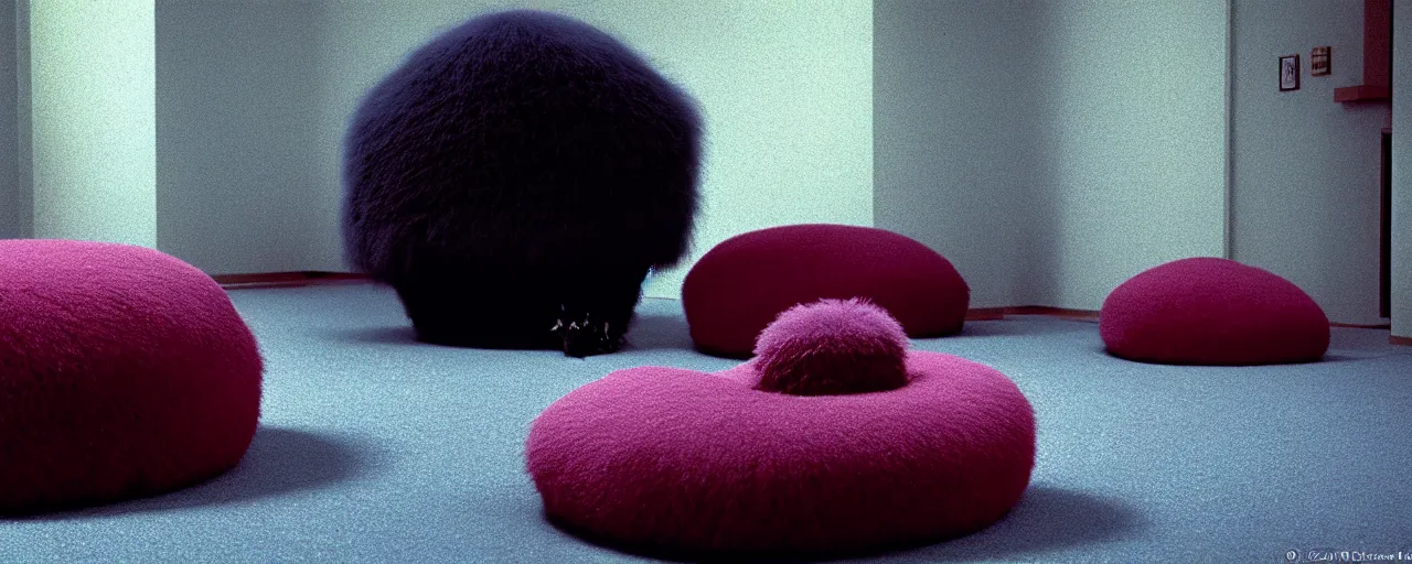 Prompt: a strange huge fluffy furry poufs ottomans sits in the room, film still from the movie directed by denis villeneuve with art direction by zdzisław beksinski, close up, telephoto lens, shallow depth of field