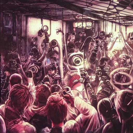 Image similar to boiler room, rave party, by yoshitaka amano