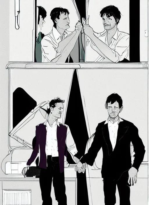 Image similar to portrait of Mads Mikkelsen and Hugh Dancy holding hands romantically as they chaperone school dance by Michael Whelan, Bob Larkin and Tomer Hanuka, simple illustration, domestic, nostalgic, clean, Matte painting, trending on artstation and unreal engine, New Yorker magazine cover, 1980s romance book cover