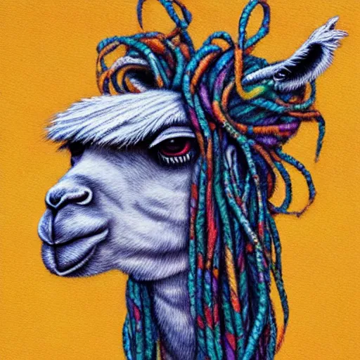 Prompt: llama with dreadlocks, by James Jean