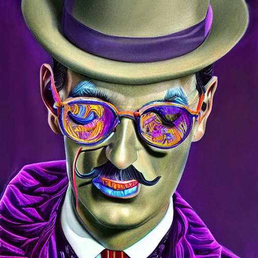 Image similar to an extremely psychedelic portrait of salvador dali as willy wonka, surreal, lsd, face, detailed, intricate, elegant, lithe, highly detailed, digital painting, artstation, concept art, smooth, sharp focus, illustration,