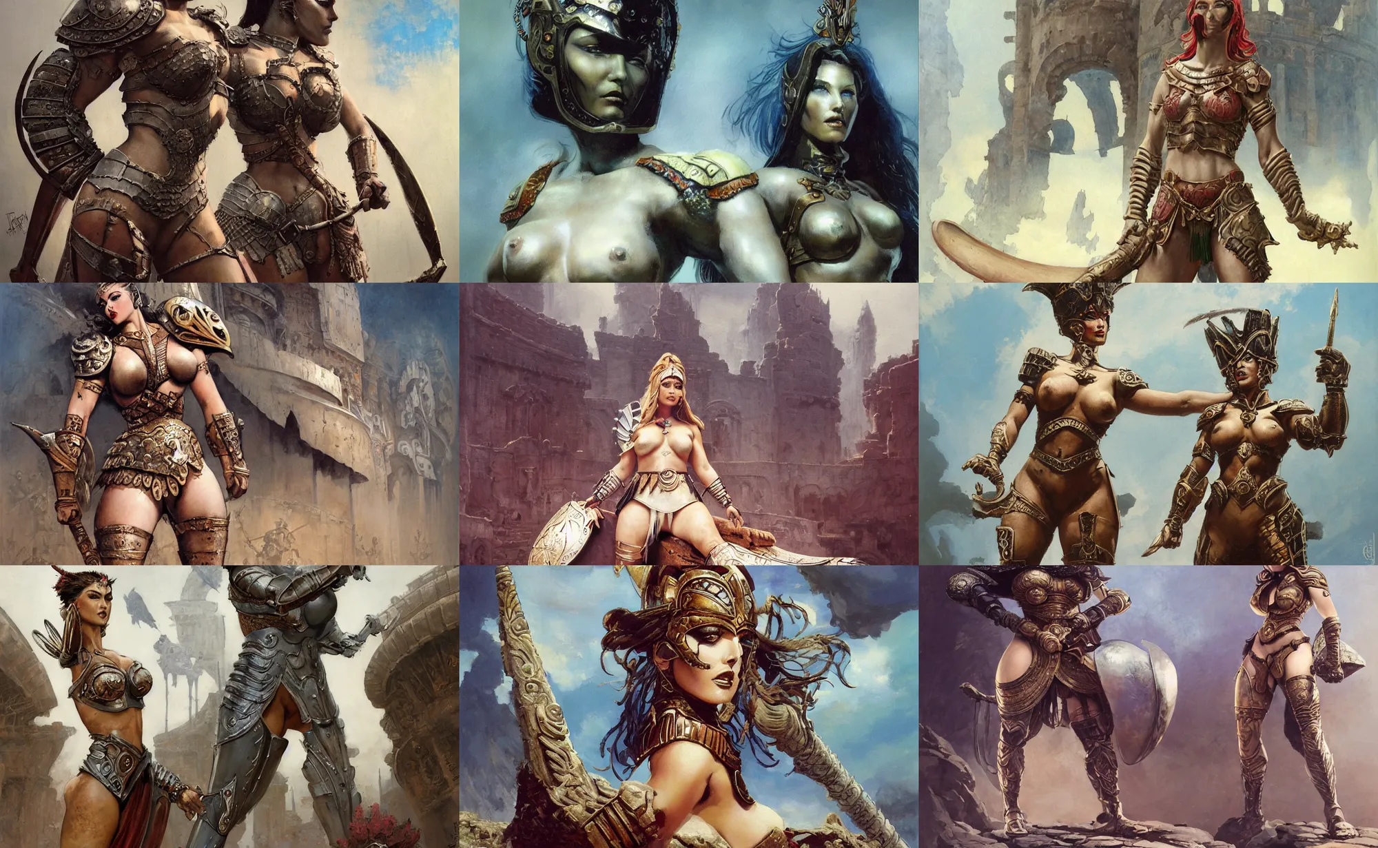 Prompt: A mixed media painting of a beautiful woman warrior in a coliseum, gladiator armor, very aesthetic, curvy, detailed face and eyes, by Frank Frazetta, Boris Vallejo, Greg Rutkowski, Beeple, Yoko Taro, Christian MacNevin, epic fantasy character art, roman numerals, high fantasy, CGsociety, full length, exquisite detail, post-processing, masterpiece, cinematic, coliseum backdrop