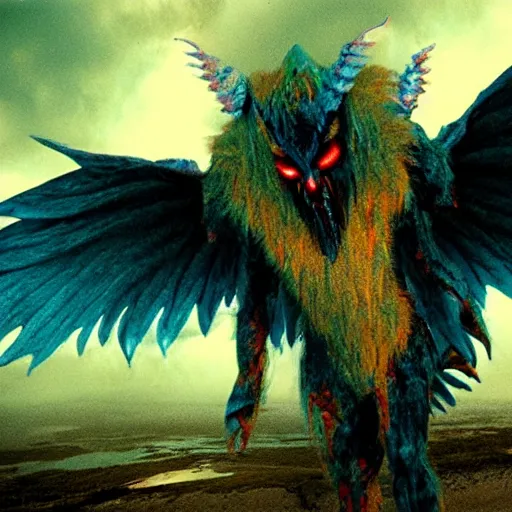 Image similar to demon monster with unbelievable wings that look like windows to another world, film still