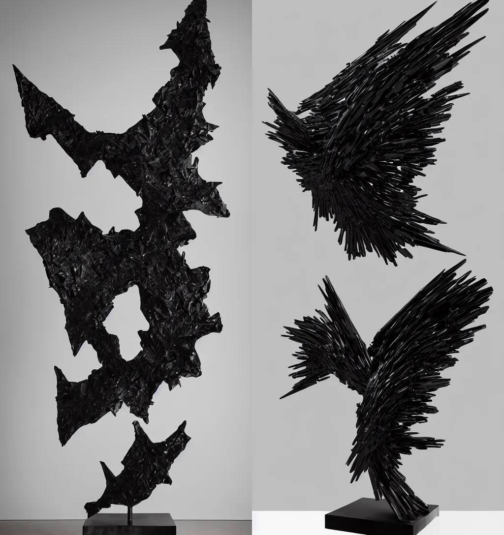 Prompt: ASYMMETRICAL brutalist black metal winged abstract sculpture made of glossy black liquid latex and industrial hardware, sharp irregular shapes, designed by nancy grossman, anish kapoor, herman nitsch, 8k hyperrealistic, hyper-detailed, highly textured, dark volumetric lighting