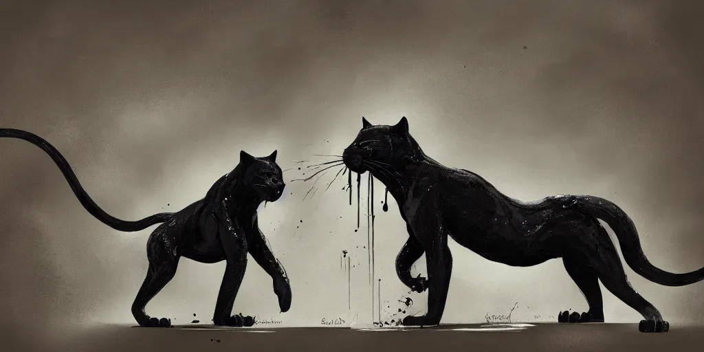 Prompt: a panther, made of smooth black goo, bathing in the tar lake, viscous, sticky, full of tar, covered with black goo. concept art, painting, animal drawing, wildlife photography, black goo, cinematic, in the style of cory loftis