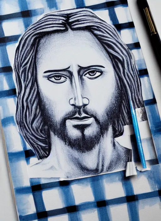 Image similar to painting of jesus drawn with blue pen on checkered notebook sheets,