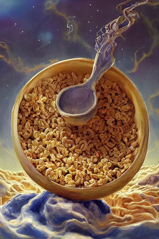 Prompt: painting of biblically accurate bowl of cereal, beautiful composition, amazing details, cosmic horror, surrealism