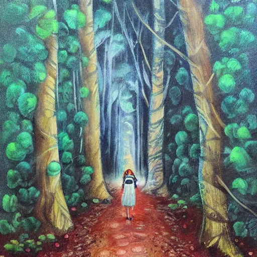 Prompt: a painting of a person walking through a forest, a storybook illustration by jon coffelt, pixiv contest winner, metaphysical painting, storybook illustration, acrylic art, oil on canvas