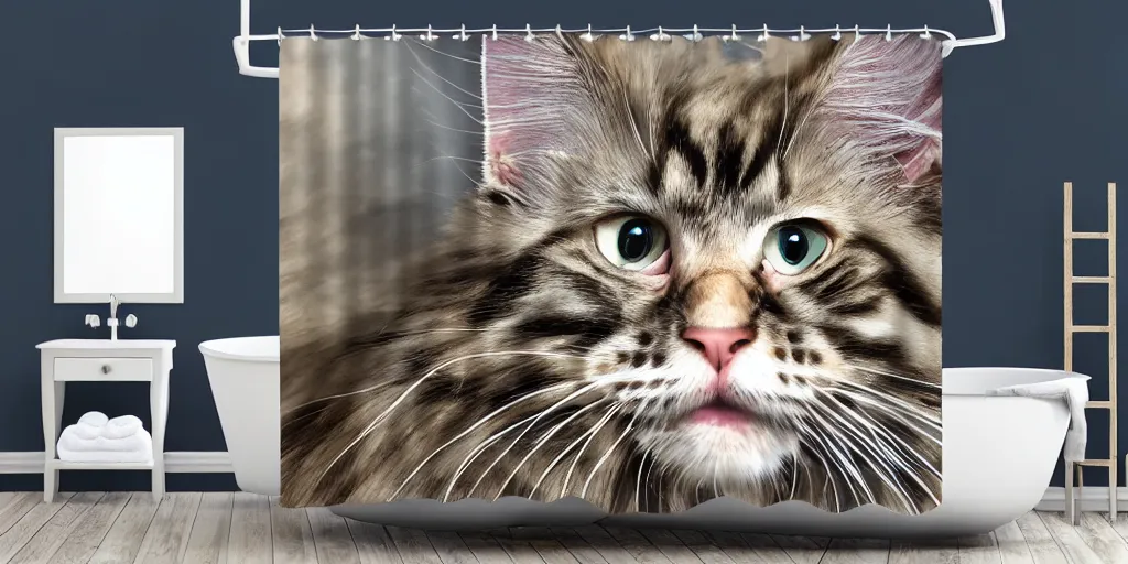 Image similar to a maine coon kitten artwork themed shower curtain, shower curtain. digital art. product photography. product lighting. 4 k, highly detailed. saturated. toy story ( film ).