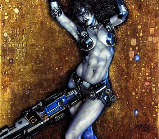 Image similar to cybernetic female supersoldier armed with laser rifle battling demon, intricate detail, klimt, royo, whealan,