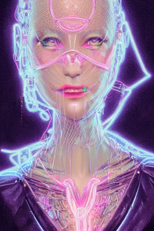 Image similar to portrait of female humanoid from 9 0 s era, intricate, elegant, neon lights, highly detailed, digital painting, artstation, glamor pose, concept art, smooth, sharp focus illustration, art by katsuhiro otomo