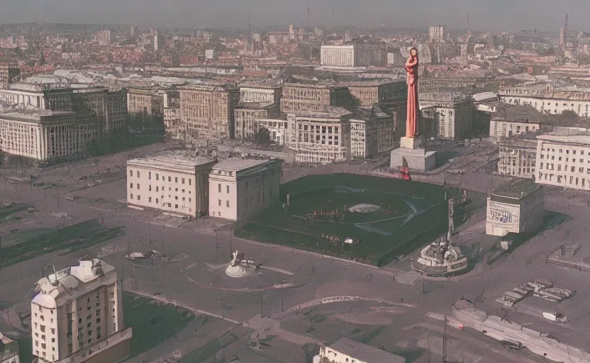 Image similar to high quality 2000s historic footage of soviet square with lenin statue with stanilist style high rise and pedestrians, color aerial photo drone, Cinestill 800t ektachrome, heavy grainy picture, very detailed, high quality, 4k panoramic