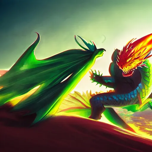 Image similar to dragon spits fire on a blue knight in a green hatchback car, close up, anime, desert landscape, greg rutkowski, Murata, one punch man manga,