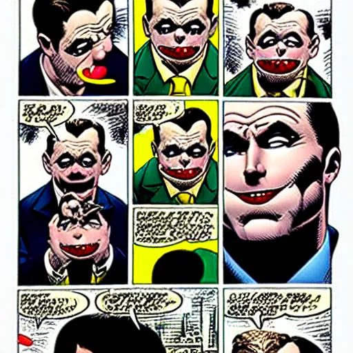 Prompt: drawing gotham city's finest investigative reporter jack ryder with 1 4 tiny jokers all in his mouth, 4 k art by brian bolland, graphic novel art