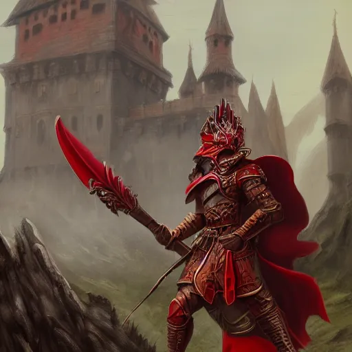 Image similar to A noble red dragonborn paladin with a halberd heroically posing in front of a castle, fantasy, medieval, cinematic, serious expression, 8k, trending on artstation, Bayard Wu, Rudy Siswanto, Sam Santala, In the style of Clint Cearley