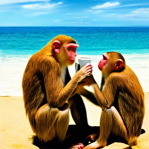 Prompt: two monkeys on the beach drinking coffee, pixar style