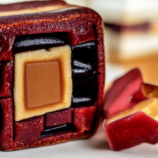 Prompt: a peanut butter and jelly sandwich in the shape of a Rubik's cube, professional food photography