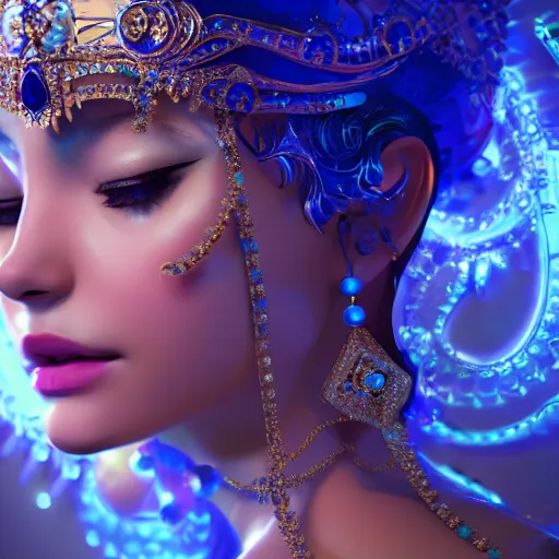 Image similar to photo of wonderful princess of sapphire with fair skin, she has her eyes closed, glowing, ornate and intricate blue jewelry, jaw dropping beauty, glowing background lighting, blue accent lighting, photorealistic, hyper detailed, award winning photography, 4 k octane render