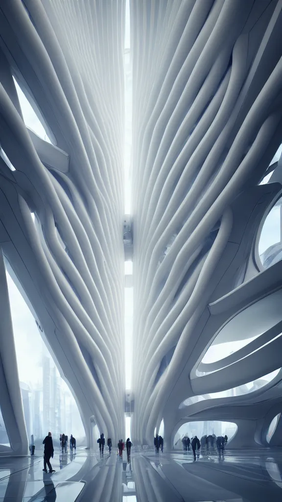Image similar to the inside of a very tall building, big pods, big windows, octane render, warm colour scheme, white, cyberpunk architecture by zaha hadid, cinematic, scenery, unreal engine, render, cgsociety, modernism, futuristic, artstation, sci - fi, high detail, high quality, close up angle, highly detailed people walking on the ground floor