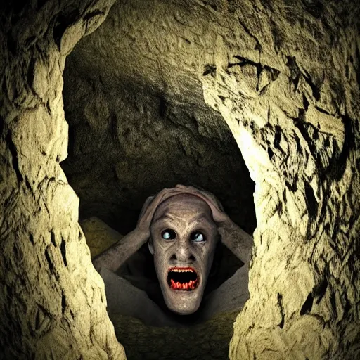 Image similar to monster peering out of a cave, dark lighting, horror, realistic,