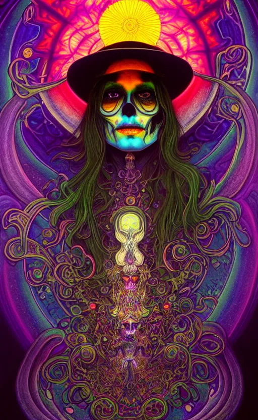 Prompt: An extremely psychedelic celestial undertaker in his black fedora hat, colorful, surreal, dramatic lighting, magic mushrooms, psilocybin, LSD, face, detailed, intricate, elegant, highly detailed, digital painting, artstation, concept art, smooth, sharp focus, illustration, art by Krenz Cushart and Artem Demura and alphonse mucha