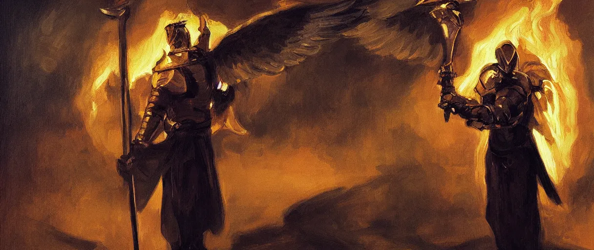 Prompt: a knight in a hall with an angel wing holding a sword of fire, digital oil painting, style of John singer Sargent, heroic, cinematic, indoor, warm lighting, godrays,