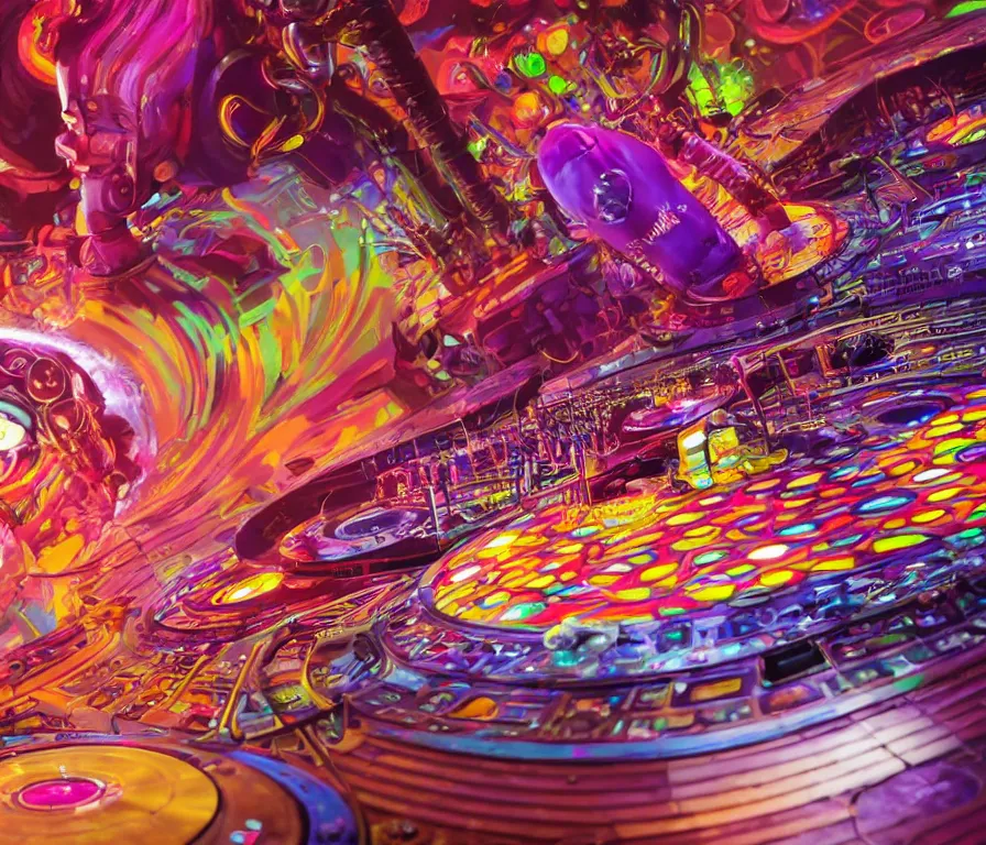 Prompt: colourful grandmaster flash dj turntables, afrofuturist biomorphic opart flowing scifi background, octane render 8 k, pascal blanche, josh kirby, roger dean, james jean, giger, arthur rackham, moebius, syd mead, killian eng beksinski, greg hildebrandt, scifi, 8 k,