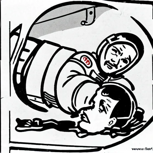 Prompt: astronaut performing CPR, on an injured astronaut, in orbit, 1950s cartoon style