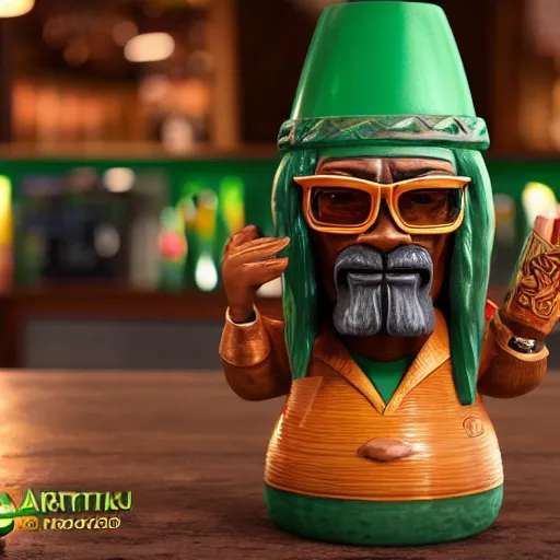 Image similar to a photorealistic photograph of a Trader Vic's tiki mug featuring Snoop Dogg at a tiki bar - Trending on Artstation, featured on Behance, well-rendered, Unreal Engine, 4K HD