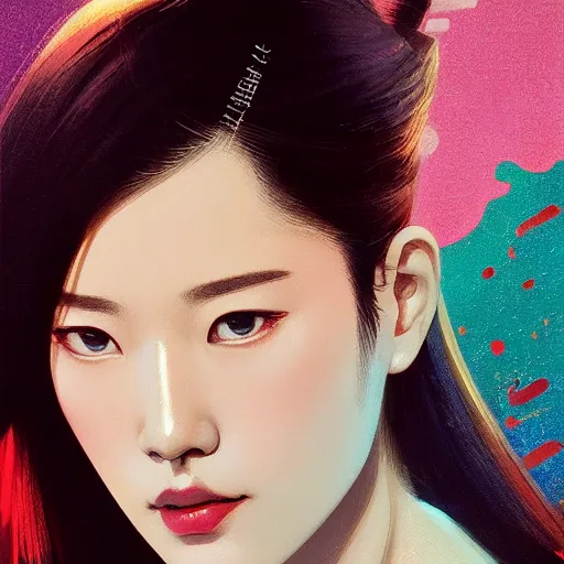 Image similar to half - electric jun ji hyun with cute - fine - face, pretty face, oil slick hair, perfect face, extremely fine details, volumetric lighting, dynamic background, poster by ilya kuvshinov katsuhiro otomo, magali villeneuve, artgerm, jeremy lipkin and michael garmash and rob rey, and silvain sarrailh