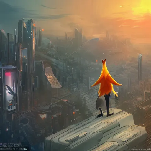 Image similar to an anthropomorphic fox with a fluffy tail staring over a futuristic city from the top of a roof, highly detailed, trending on furaffinity, cyberpunk, backlighting, cartoon