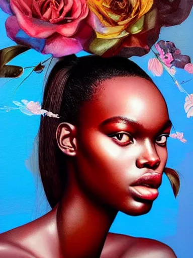 Image similar to double exposure portrait of duckie thot with a floral background : : painted by artgerm, karol bak, artur bordalo, sandra chevrier : : portrait, character, illustration, hyperrealism, photorealism, double exposure, negative space