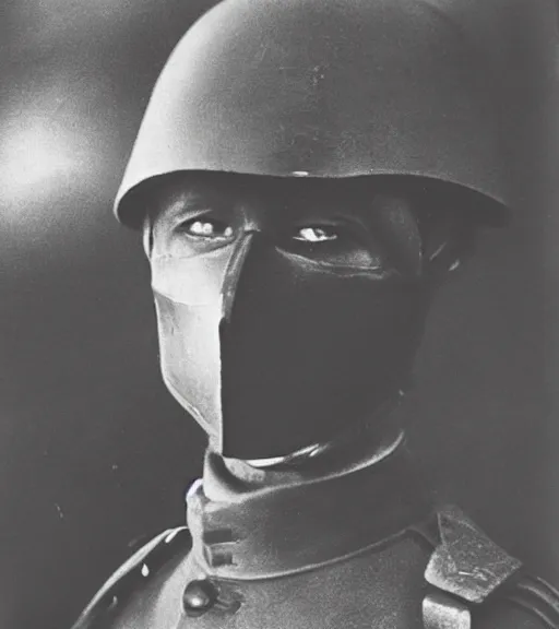 Image similar to a soldier wearing a black mask in distance, ww1 film photo, grainy, high detail, high resolution