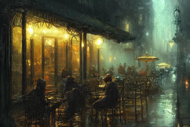 Prompt: A small cafe at night during rain, moody scene, highly detailed, intricate, sharp details, dystopian mood, 1950 scene by gaston bussiere, craig mullins, somber lighting, drawn by Giacomo Burattini, inspired by graphic novel cover art