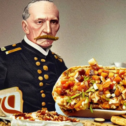 Image similar to a 1 8 5 8 colorized photo of general pitzer a union general eating a large chicken burrito with cheese and salsa