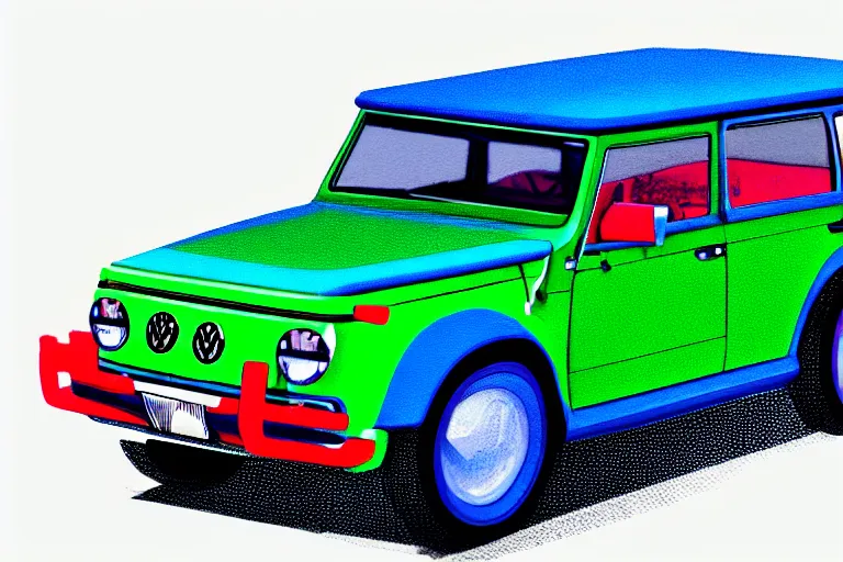 Image similar to vw thing!, in the style of john avon and derek riggs and eva widermann, trending on artstation, halfrear lighting closeup view anaglyph filter, bokeh, anime, colored pencil art, belle epoque