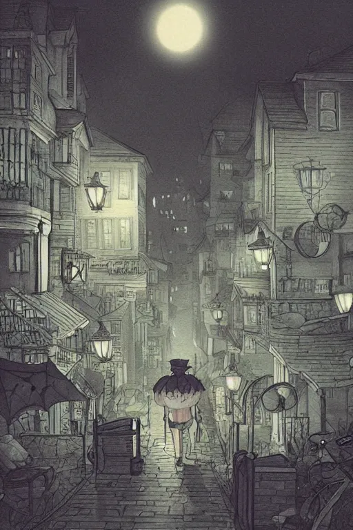 Image similar to foggy halloween night, small town. cell shaded digital illustration by studio ghibli, beatrice blue, zedig, akihiko yoshida